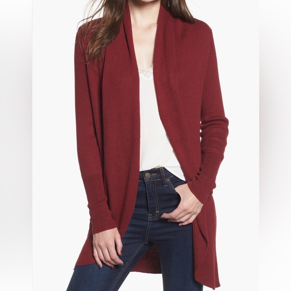 Leith - Ribbed Shawl Cocoon Sweater, Cardigan. X-Large, RED GRAPE